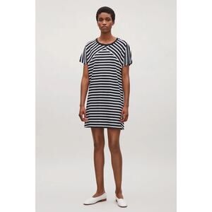 [COS] Navy Blue White Striped A-Line Shift Pima Cotton T-Shirt Dress Sz Large L